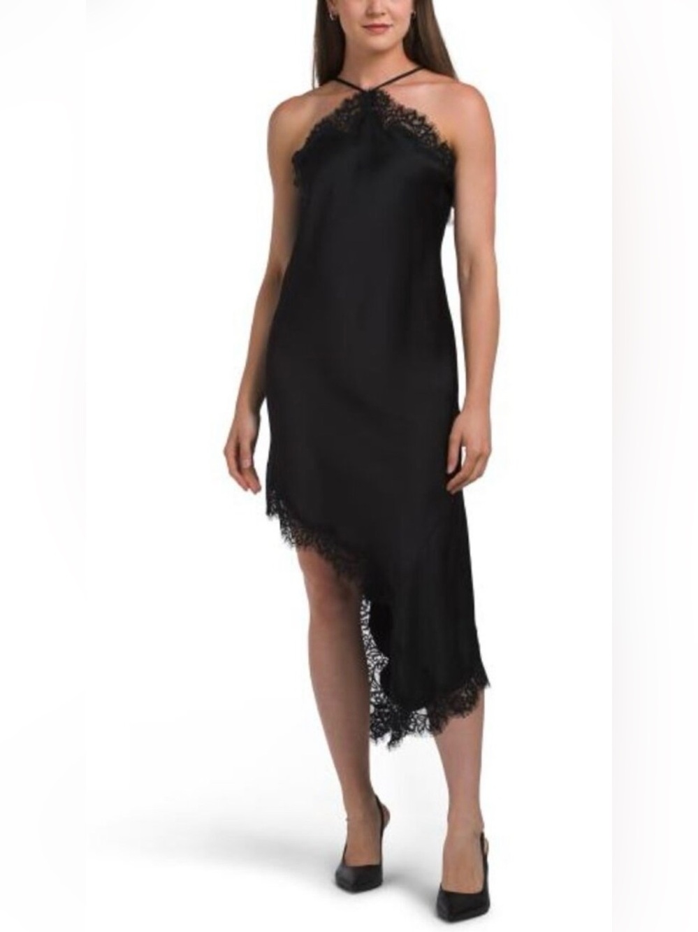 CAMILA COELHO Sleeveless Asymmetrical Satin Dress With Lace Details